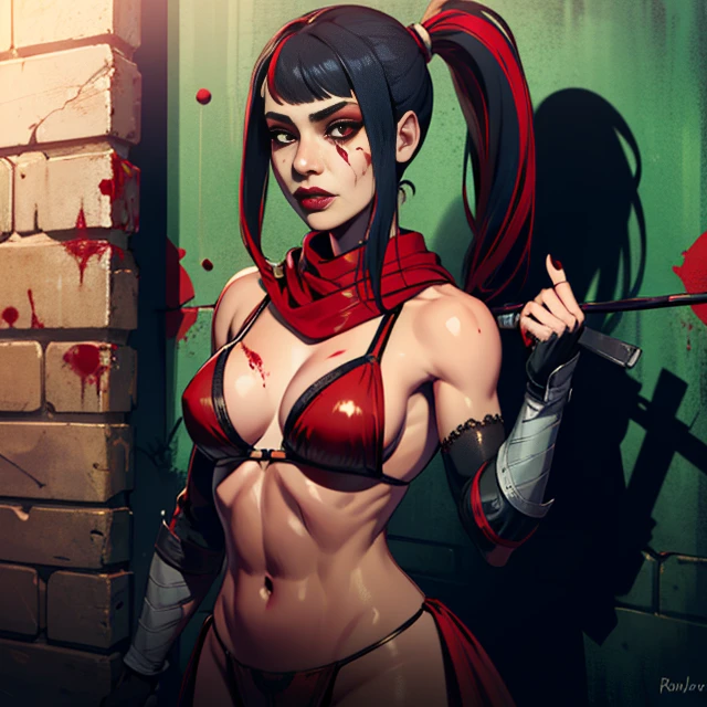 Skarlet,red eyes ,black hair,multicolored hair,toned,navel, standing, upper body, ponytail, close up,
SkarNin,midriff ,fingerless gloves,scarf ,boots ,pelvic curtain , red bikini, gauntlets,
dark dungeon, blood on walls, dark corners,
(insanely detailed, beautiful detailed face, masterpiece, beautiful detailed eyes, best quality) <lora:Skarlet:0.8>