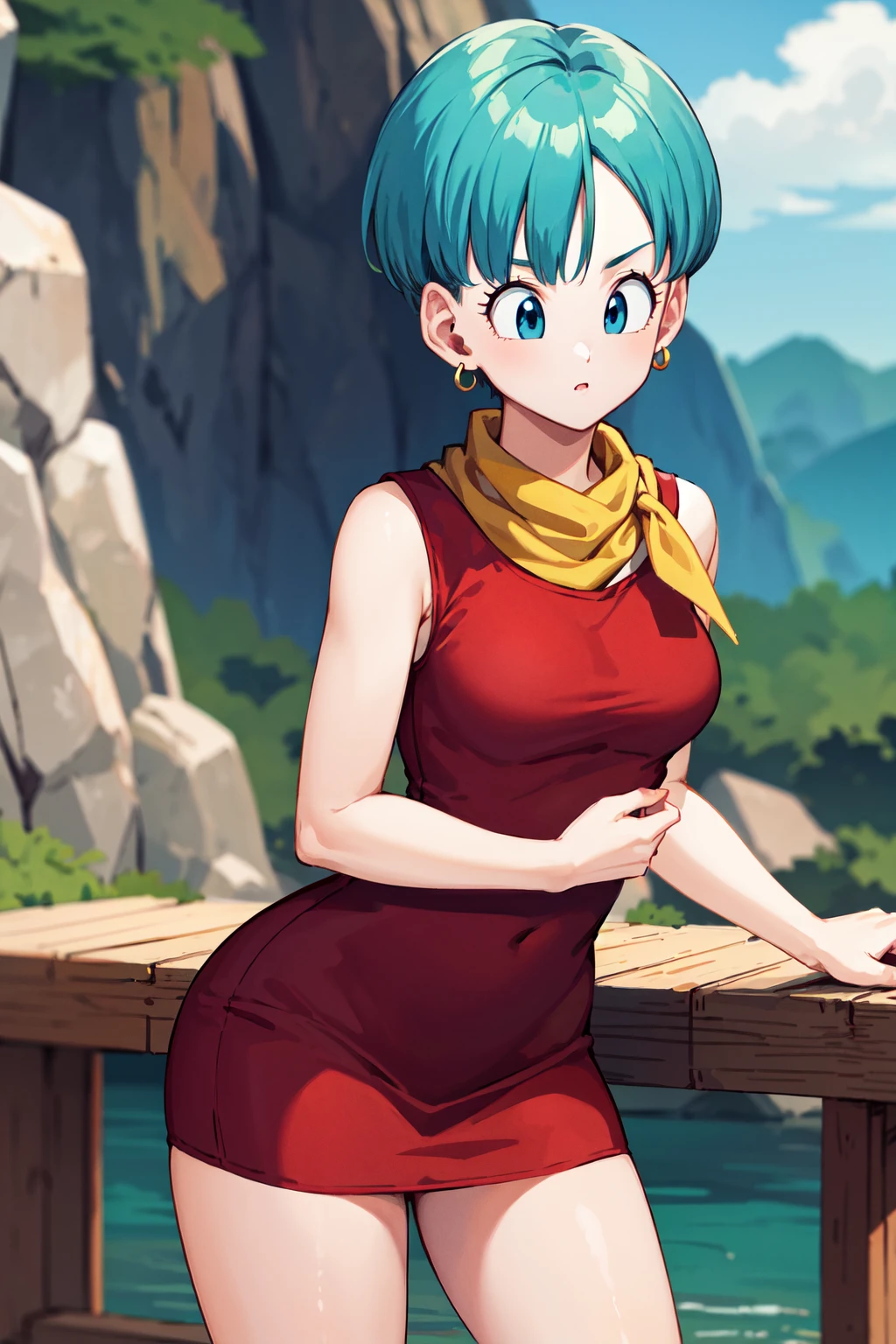 masterpiece, best quality, highres, dragon ball, blmshort, aqua hair, very short hair, earrings, jewelry, red dress, medium breasts, yellow scarf, short dress, sleeveless, <lora:bulma_v1:0.7>, outdoors, standing, cowboy shot