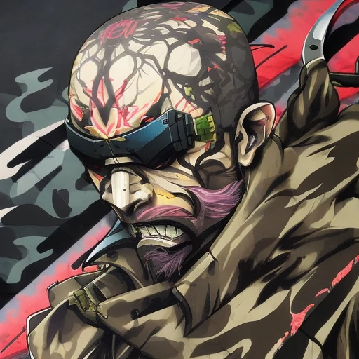 Evang, Telekinetic vigilante in urban camouflage in the style of yoji shinkawa