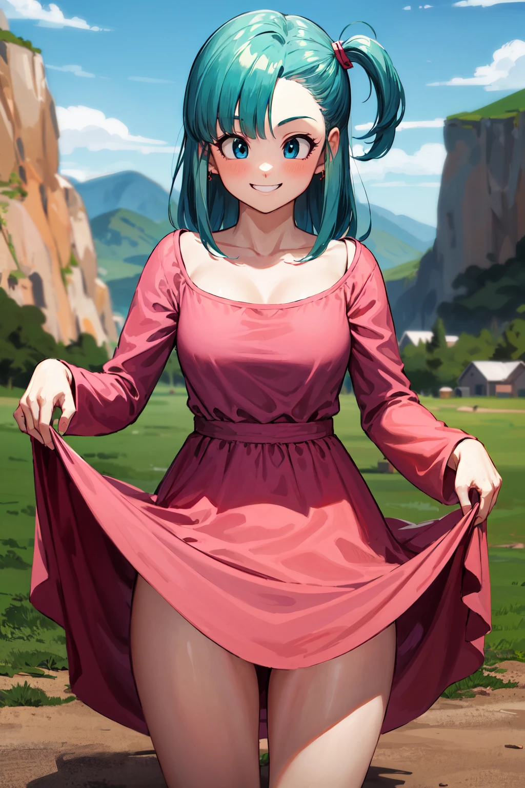 masterpiece, best quality, highres, dragon ball, blmsdup, bulma, aqua hair, one side up, pink dress, long sleeves, collarbone, medium breasts, <lora:bulma_v1:0.7>, outdoors, standing, cowboy shot, (dress lift:1.2), evil smile,