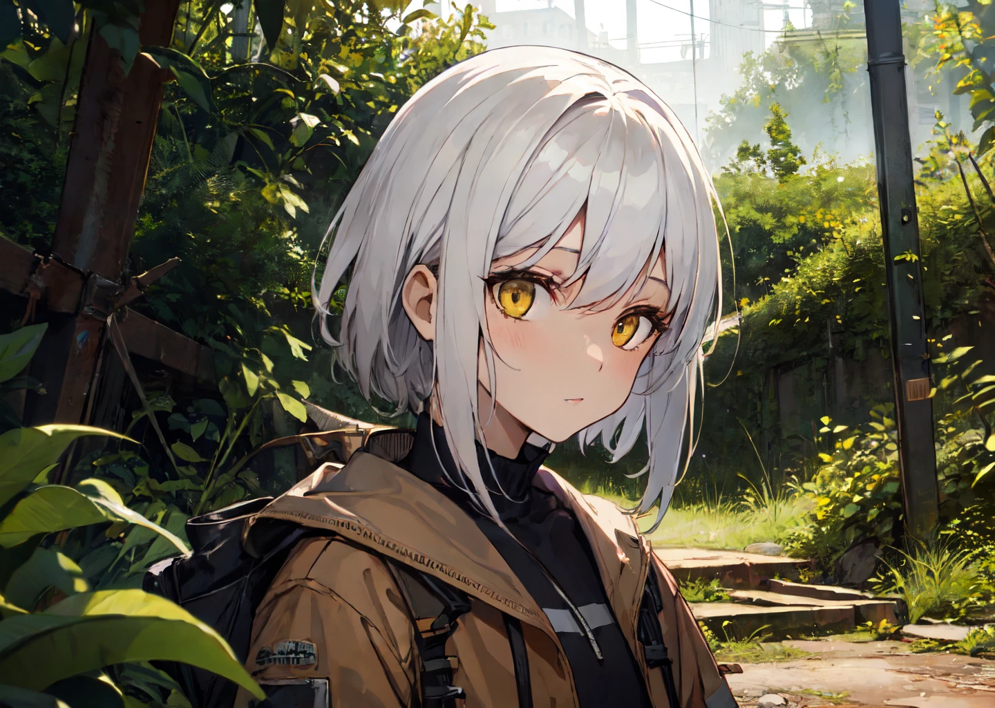 1girl, solo, outdoors, white hair, yellow_eyes, overgrown, rust