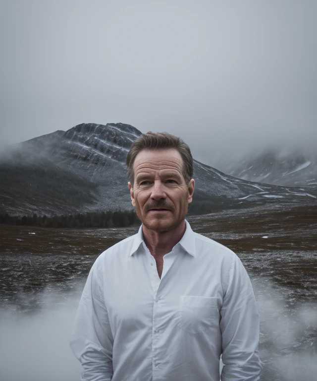 (Masterpiece Photo:1.3) of (Ultra detailed:1.3) (8k, RAW photo, highest quality),1man,age up,bryancranston,(wearing white shirt),standing in the Norwegian mountains, (misty mountains), (detailed eyes:0.8), (looking at the camera:1.4), (highest quality), (best shadow), intricate details, interior, muted colors, freckles,Highly Detailed,naturalism,land Art,regionalism
<lora:bryancranston:0.9>