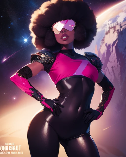 Garnet, square afro, lips, sunglasses, navel , standing, hands on hips, close up,
GaSut, cropped chest armor with star, multicolored bodysuit, elbow gloves,
outer space, stars, dark corners, retro,
(insanely detailed, beautiful detailed face, masterpiece, beautiful detailed eyes, best quality) <lora:Garnet:0.8>