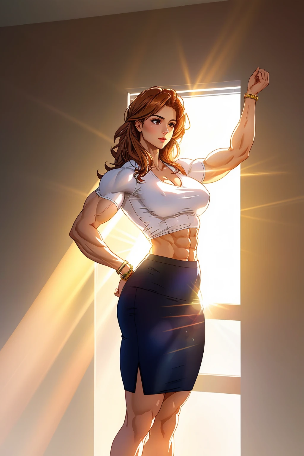 bodybuilder, <lora:DoubleThickV2:1>, vivid hair, pencil skirt, blouse, light rays, god rays, muscular, realistic, breasts