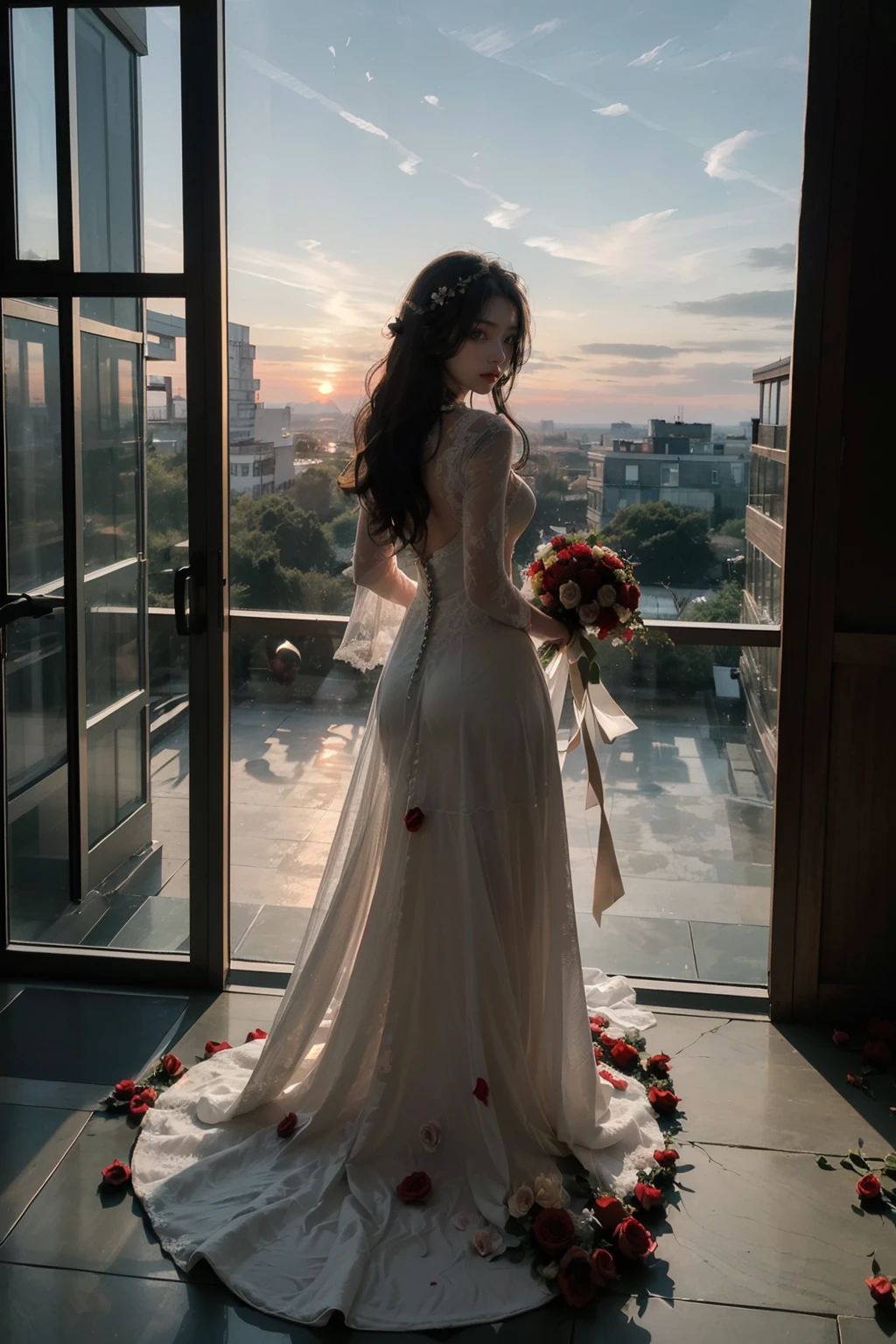 <lora:largewindow_20230531163119:0.50>,1 girl,(from behind,looking at viewers:1.3), black_hair,full body, long_hair, sliding_doors,(Sunset, fiery sky, silhouettes, peaceful atmosphere:1.4), (wedding dress,red rose flowers:1.3) trending on artstation, soft bloom, relaxing:2.5, soft gradients