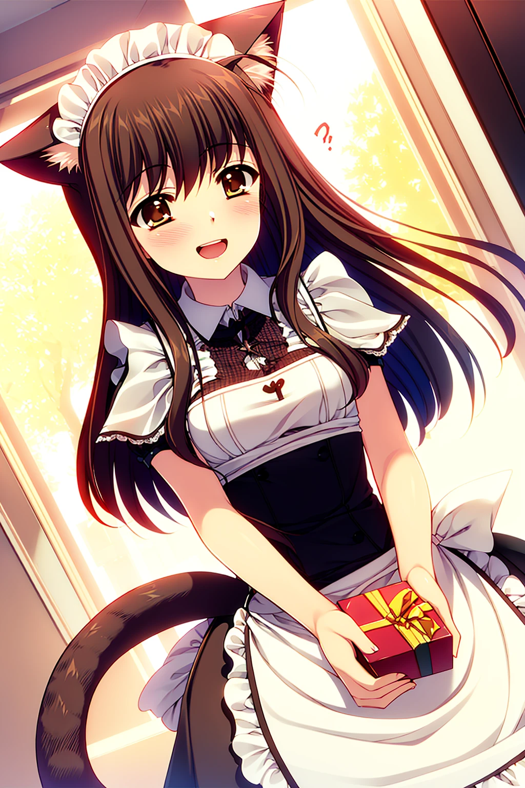 ((masterpiece, high quality, best quality)),
1girl, cat ears, long hair, cat tail, brown hair, incoming gift, maid, brown eyes, holding gift, dutch angle, blush, apron, smile, open mouth,
<lora:nishimata-style_v1.0:1.0>