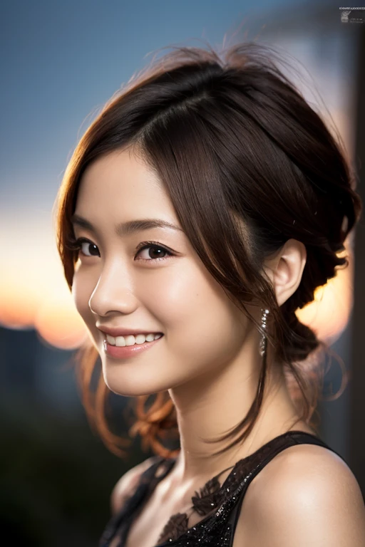 uetoaya,(wearing a black glittery dress),(RAW photo, best quality), (realistic, photo-realistic:1.4), masterpiece, an extremely delicate and beautiful, extremely detailed, 2k wallpaper, Amazing, finely detail, extremely detailed CG unity 8k wallpaper, ultra-detailed, highres, soft light, beautiful detailed girl, extremely detailed eyes and face, beautiful detailed nose, beautiful detailed eyes,cinematic lighting,city lights at night,perfect anatomy,slender body,smiling,(close up:1.1)