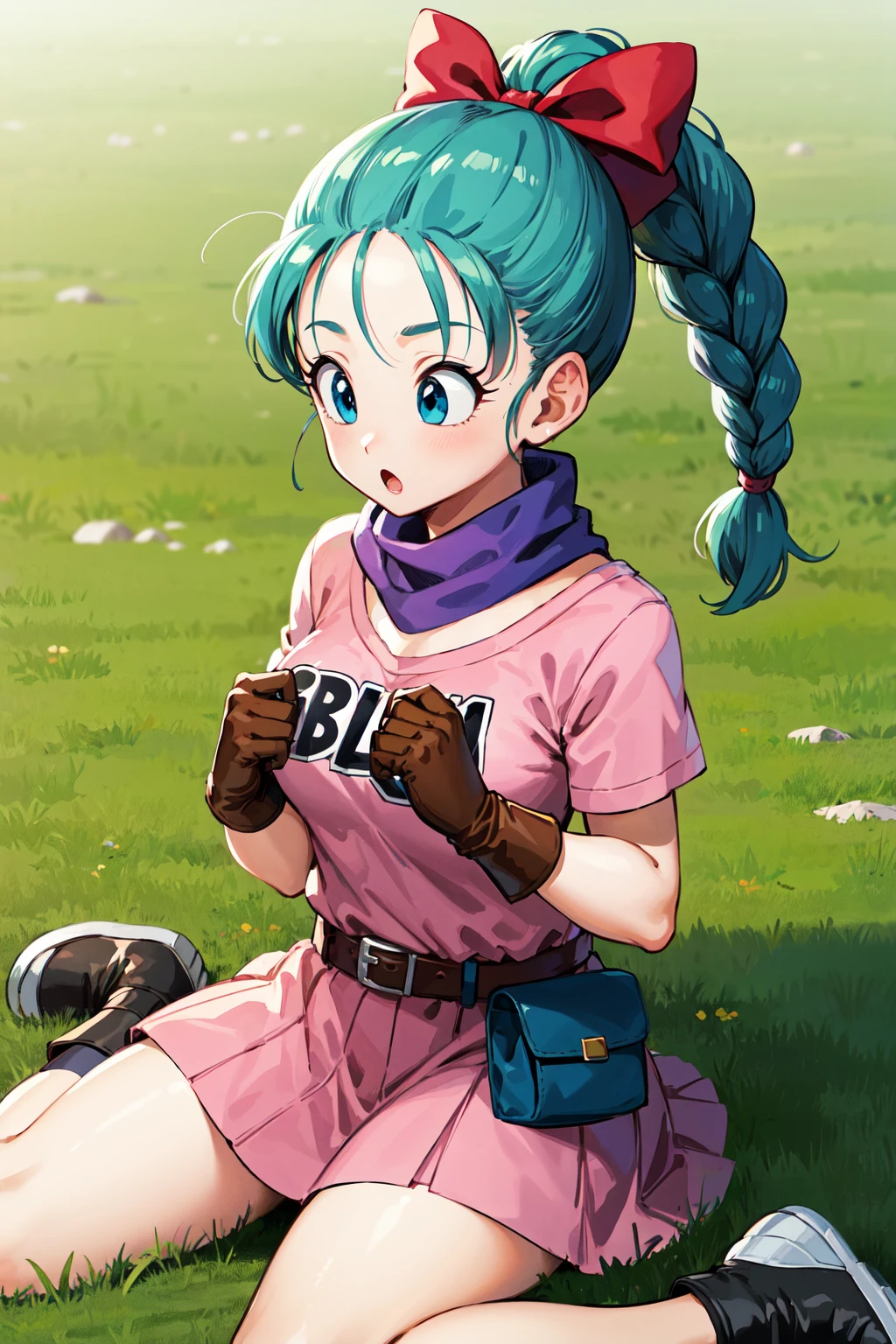 masterpiece, best quality, highres, dragon ball, blmpony, aqua hair, hair ribbon, braided ponytail, pink shirt, belt, scarf, pink skirt, clothes writing, brown gloves, medium breasts, <lora:bulma_v1:0.7>, field, grass, wariza, :o,