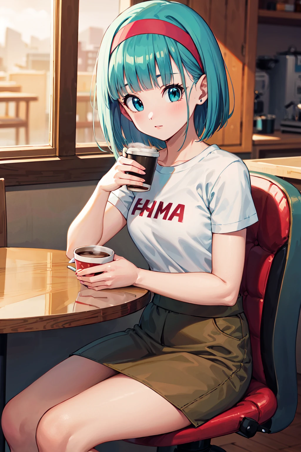 masterpiece, best quality, highres, dragon ball, blmmid, aqua hair, medium hair, blunt bangs, red hairband, medium breasts, shirt, skirt, <lora:bulma_v1:0.7>, cowboy shot, indoors, sitting, holding cup, coffee, looking at viewer,