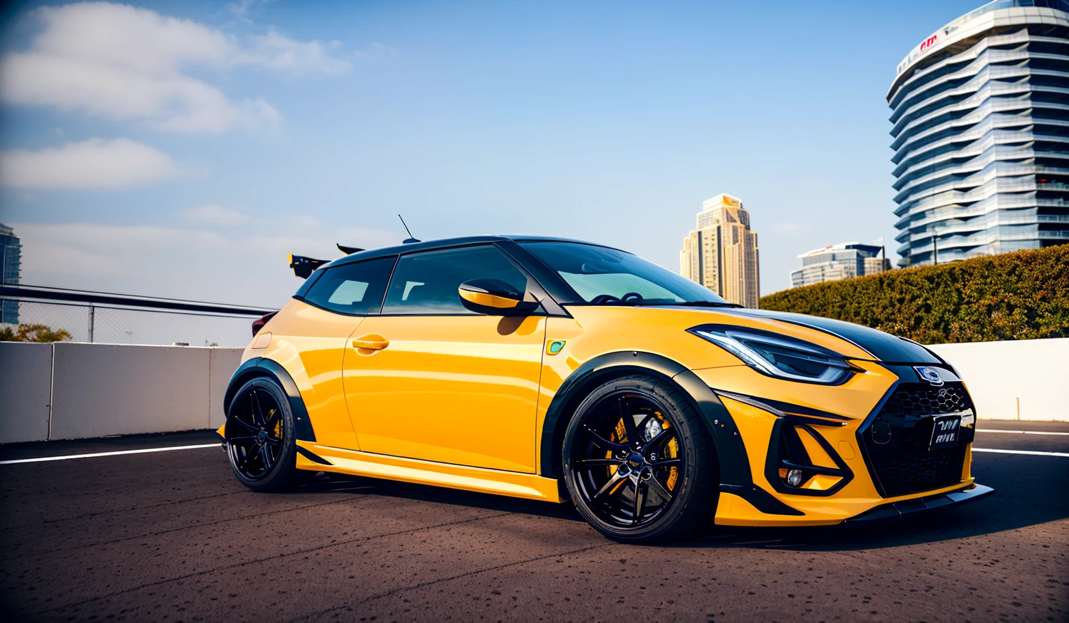 ((masterpiece,best quality)), ultra-detailed, 4k, highres, cinematic, widebody hatchback, vehicle focus, city, skyscraper, reflection,
