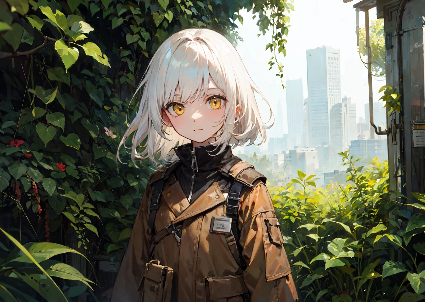 1girl, solo, outdoors, white hair, yellow_eyes, overgrown, rust
