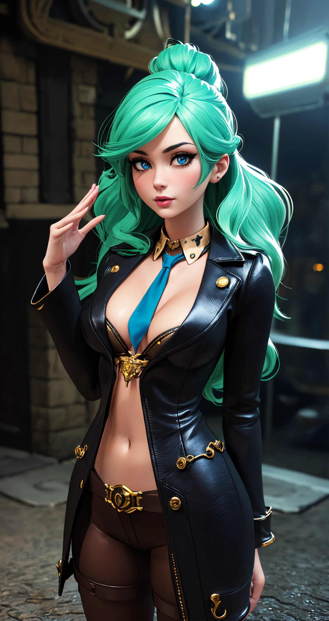 woman, solo, light green hair, blue-gray eyes, conductor, 
([Jennifer Aniston|Eva Green|person]:0.85), middle shot, ( [puffy lips|cherrmous style]:0.8), 
2d game art, [tiny breast],
masterpiece, professional, high quality, beautiful, amazing, steampunk, Flickr, Tie, long hair, (3d:1.1),
masterpiece, highres,  4k, detailed background, glowing, (gigantic:0.8), (by Alfred Kubin:0.8), (by Diane Dillon:0.8),