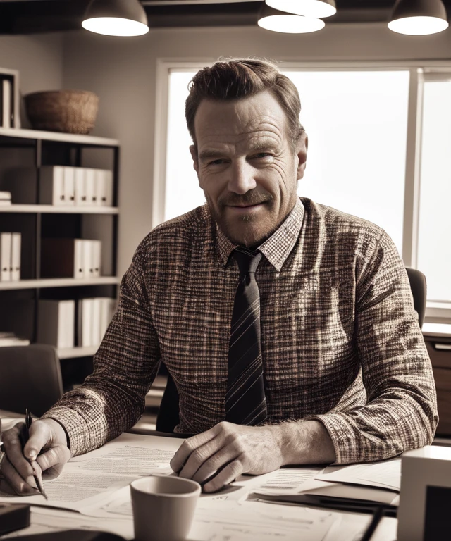 A perfect photo of a man,bryancranston,age up, plaid shirt, paisley tie, portrait stock photo middle-aged man in cluttered office, basement office, sitting at desk, (masterpiece:1.2) (photorealistic:1.2) (bokeh) (best quality) (detailed skin) (intricate) (8k) (HDR) (cinematic lighting) (sharp focus) (Clutter-Home:1.2)
<lora:bryancranston:0.9>