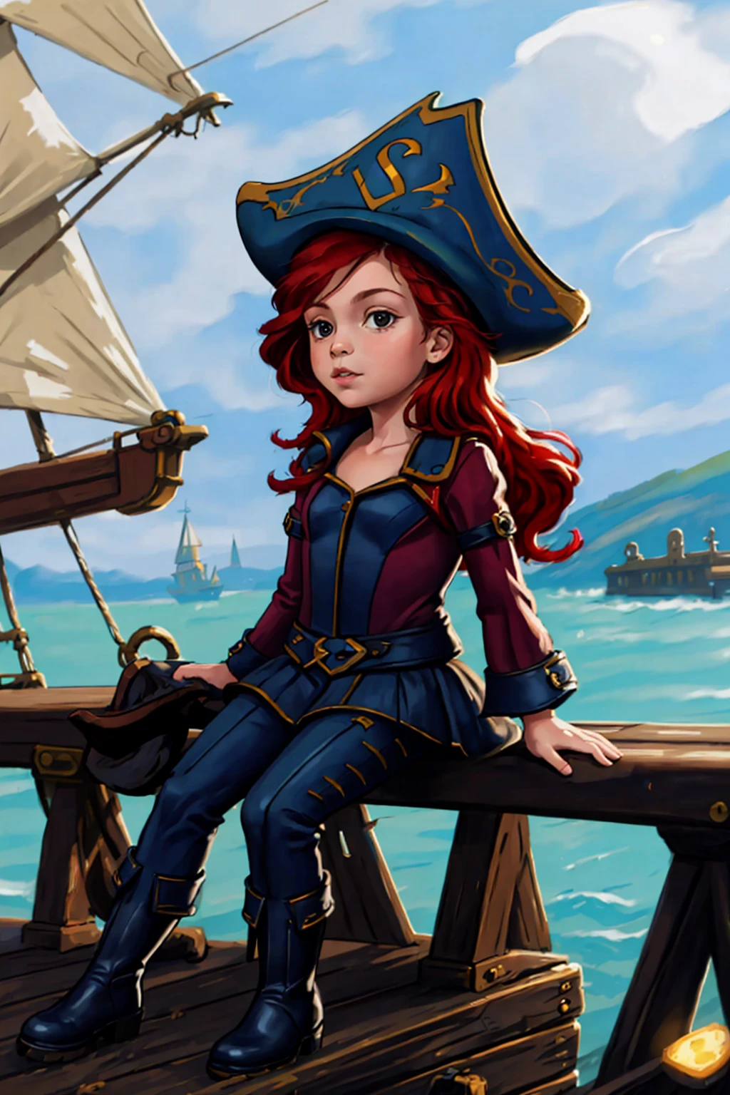 <lora:MIAOKA_JINX_1.0_SDXL:0.8> 1girl, jinx, twin braids, tattoo, long hair, blue hair, small breasts, pink eyes, (((Red and white striped pirate shirt, Tattered brown leather pants, Tricorn hat with a skull and crossbones emblem, Eyepatch with a Jolly Roger design, Bandoliers of cannonballs across her chest, Weathered leather boots, Decor: A stormy sea backdrop)))