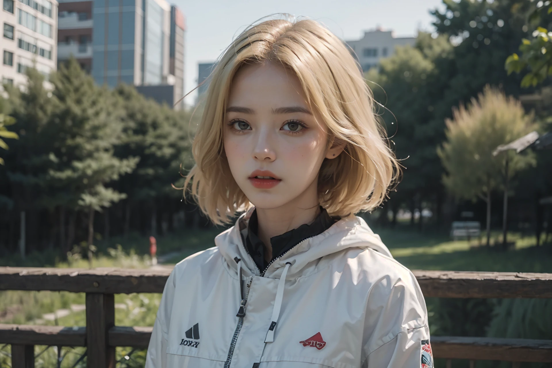 masterpiece, best quality, <lora:BeautyNwsjMajic2-01:0.5:FACE>, (realskin:1.5), photograph, Shy Predator, wearing Heartwarming Oriental Latex Raincoat, Weird Blonde hair, at Midday, Bokeh, Embarrassing, film grain, Sony A9 II, F/1.8, [art by Zoe Buckman:(art by Geof Kern:0.8):18], photorealistic, realistic,8k,highres,cinemagraph