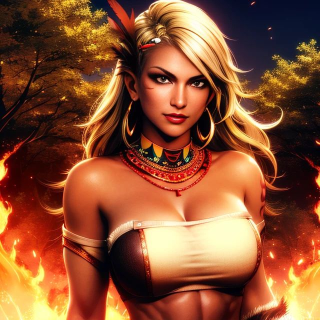 Zhurong, long blond hair,brown eyes ,dark skin, left arm tattoo,lips,navel , solo,  abs:0.8, solo, upper body, smiling,   smug expression,  confidant, 
ZhuTrib,earrings,thighhighs,fingerless gloves,necklace,hair ornament,feathers ,midriff, bare shoulders,tube top, tribal,  white painties, 
jungle, purple poison swamp, sky, morning,   burning background,  fire, heat waves,
(insanely detailed, beautiful detailed face, masterpiece, best quality) 
 <lora:Zhurong:0.7>