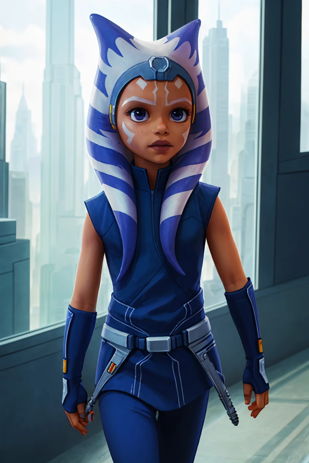 (AS-YoungerV2) jedi warrior ahsoka tano, walking sidewalk scifi city (masterpiece:1.2) bright morning light coming through window (photorealistic:1.2) (bokeh) (best quality) (detailed skin:1.3) (intricate details) (8k) (cinematic lighting) (sharp focus) <lora:ahsokaTanoLora_v34:0.7>