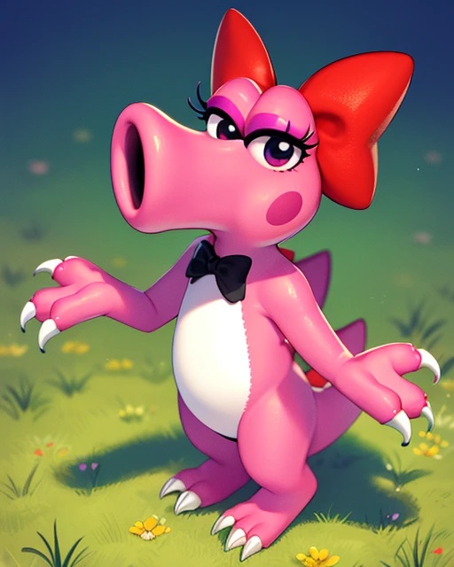 Birdo, pink skin, two-tone skin, black eyes, eyeshadow, half-closed eyes ,Lizard tail , red bow, claws, white nails, standing, ,full body,
grassland, morning,
(insanely detailed, beautiful detailed face, masterpiece, beautiful detailed eyes, best quality) <lora:Birdo:0.8>