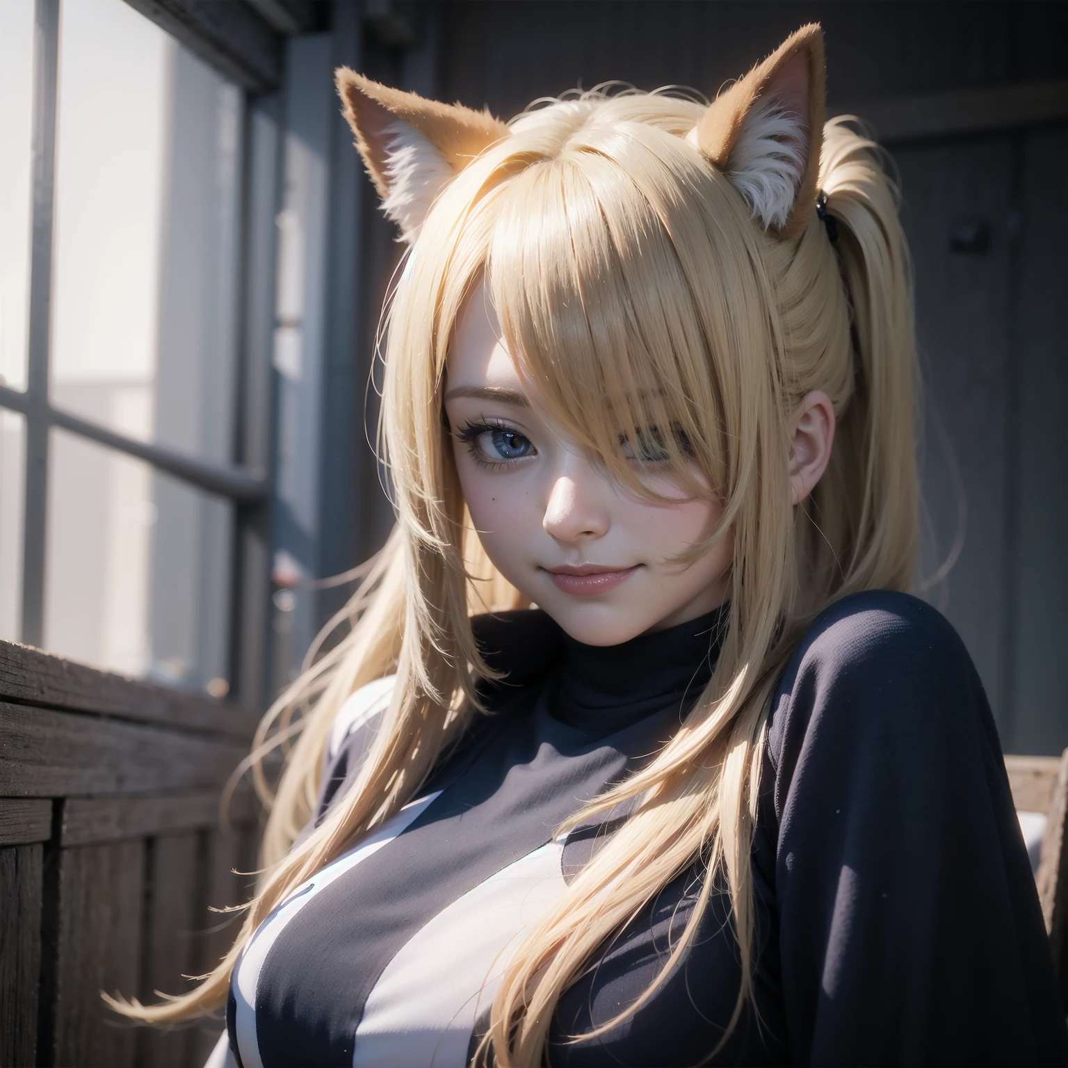woman, blonde hair, multicolored hair, long hair, low ponytail, hair over one eye, blue eyes, animal ears, smirk