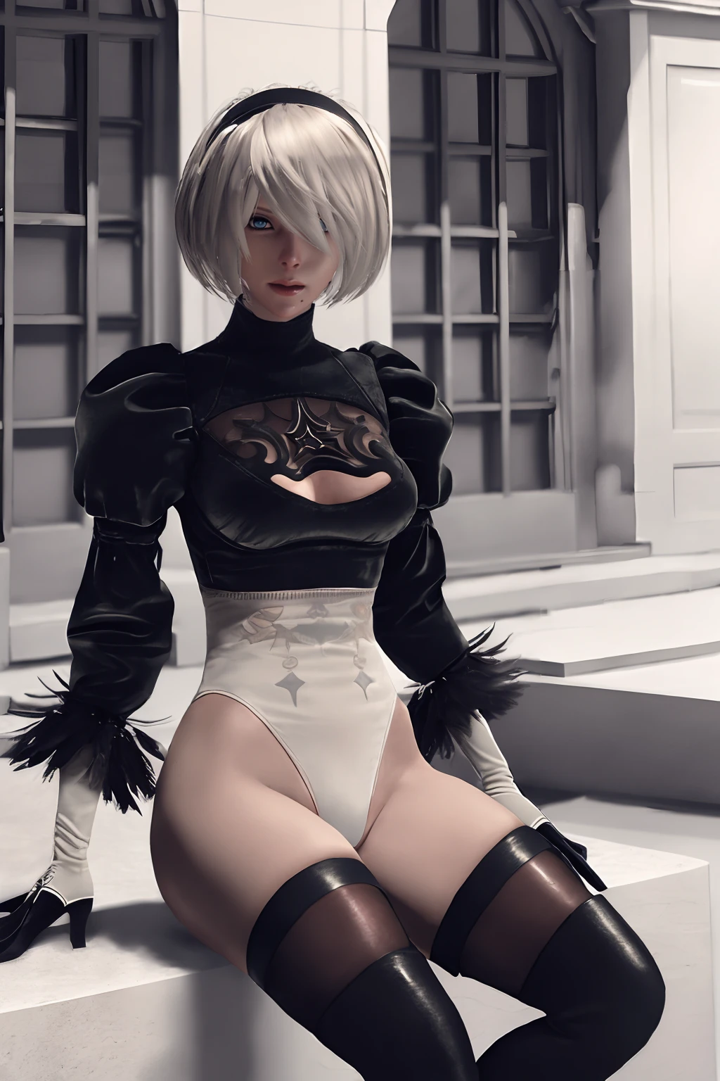 2b от Nier Automata, ボブgray hair, gray hair, Eyes are covered with bandages, cyan eyes, black dress and short skirt, Chest neckline, white panties, black stockings, Tall black boots, High jump boots, so beautiful, full length(whole body 1.1),game nier automata, Official high detail illustration beautiful fantasy girl)),small red chest, her breasts are sticking out from under her clothes, break (master part: 1.2), highest quality, High resolution, realistic, Looks great in photos, Unity 8K papel de parede, (illustration: 0.8), (beautiful detailed blue eyes: 1.6), highly detailed face, perfect lighting, Highly detailed CGI , (perfect arms, perfect anatomy), girl with perfect breasts, cute face, Monk, intricate details, realistic details, anime, (Based on NieR: Automata) perfect body, Perfect pointed chest, perfect girl, perfect details, Ultra HD | |, 8K, professional photos, 2B shows her ass