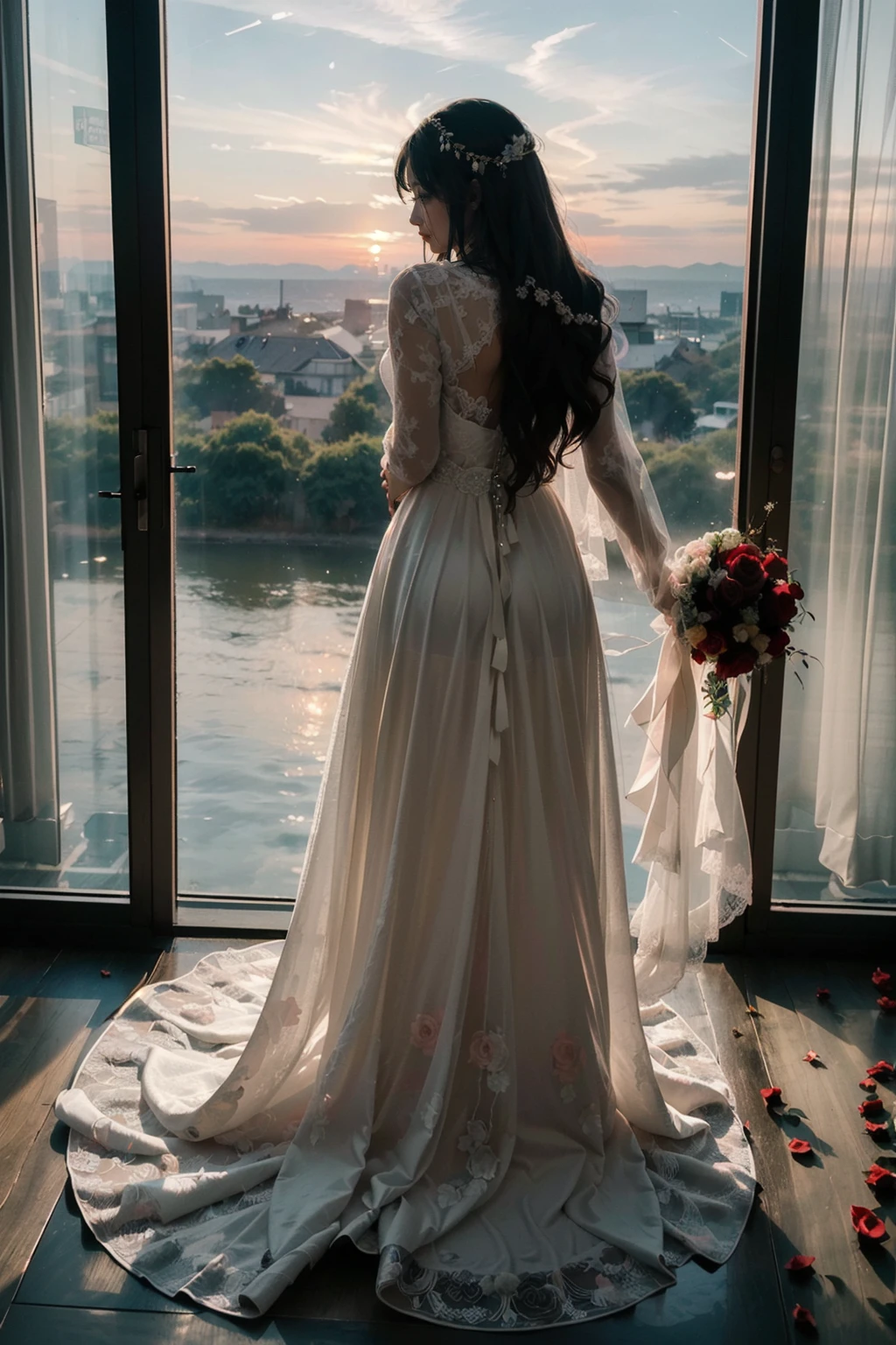 <lora:largewindow_20230531163119:0.50>,1 girl,(from behind,looking at viewers:1.3), black_hair,full body, long_hair, sliding_doors,(Sunset, fiery sky, silhouettes, peaceful atmosphere:1.4), (wedding dress,red rose flowers:1.3)