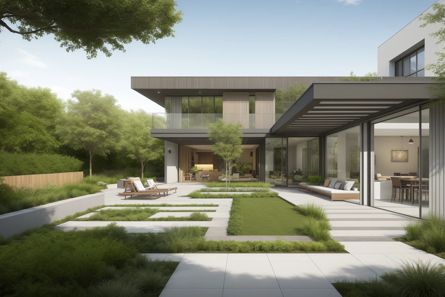 ((Best quality)), ((masterpiece)), ((realistic)), Modern courtyard landscape design with a contemporary, minimalist style. Incorporating and showcasing sustainable features in an urban oasis. The courtyard is an architectural masterpiece, designed as an outdoor living space that blends seamlessly with the surrounding environment. The scene is bathed in natural sunlight, casting gentle shadows and creating a warm ambiance. The color scheme consists of neutral tones and earthy colors, with pops of vibrant green to accentuate the lush vegetation. The digital rendering is photorealistic and of high quality, capturing every detail of this serene and immersive landscape. On eye level, scenic, masterpiece.
