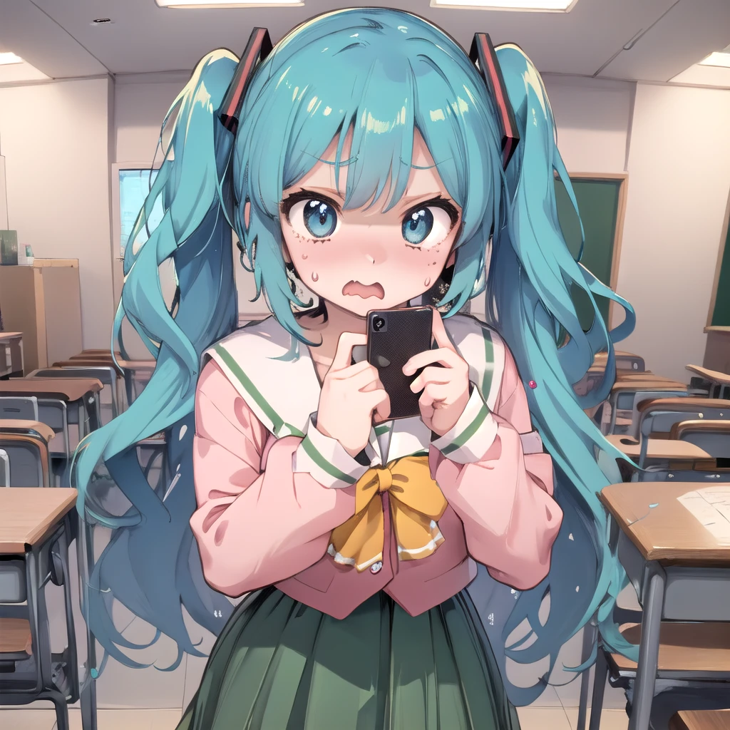 best quality, cowboy shot, pov, blackmail, indoors, day, classroom,
<lora:pnkserafuku:1>hatsune miku, (pnkserafuku:1), long sleeves, @_@, surprised, looking at viewer, full-face blush, standing, cornered,
(pov hand showing holding smartphone display to her:1.2), <lora:hawawa:0.8> hawawa,