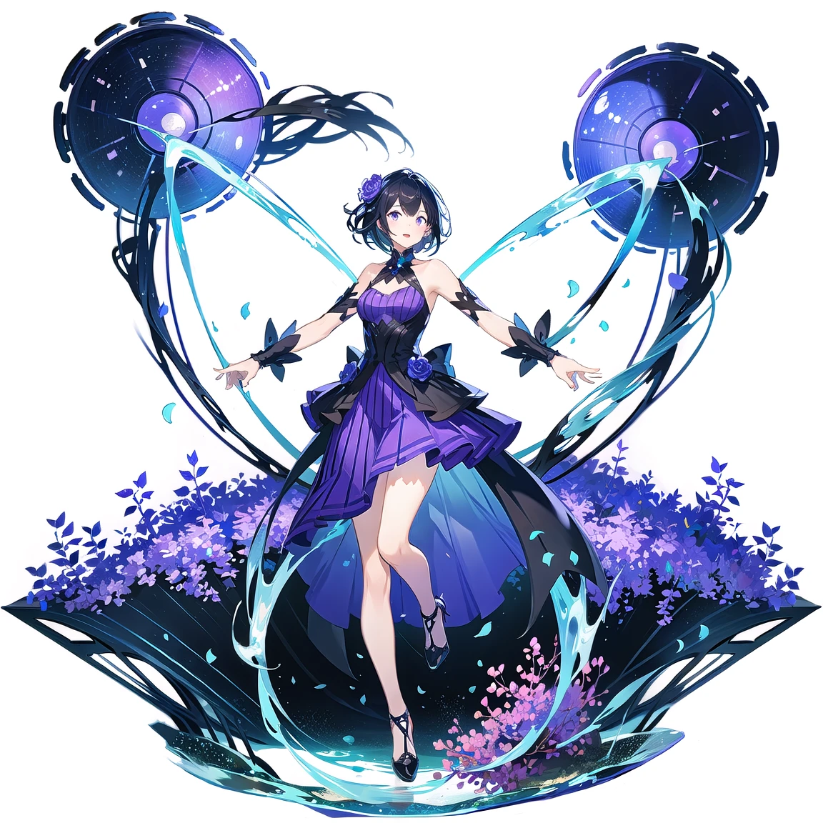 <lora:GachaSplashVFairY:0.6>,(white background:1.5), 1girl, solo, breasts, short hair, full body, black hair, standing on water, purple flowers
