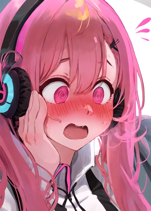 embarrassed, 1girl, blush, pink hair, headphones, long hair, open mouth, parody, full-face blush, o_o