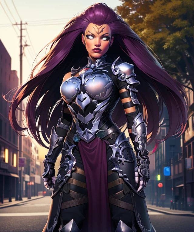 Fury, large purple hair,lips,no pupils, white eyes, glowing eyes, dark skin, forehead mark, standing, close up, facial view,
FuMet,shoulder armor,breastplate,gauntlets,pelvic curtain, boots,
destroyed city, large trees, street, morning,
(insanely detailed, beautiful detailed face, masterpiece, beautiful detailed eyes, best quality) <lora:Fury:0.8>