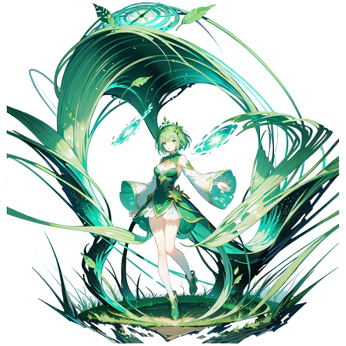 <lora:GachaSplashVFairY:0.6>,(white background:1.5), wide view, wide angle, 1girl, solo, breasts, short hair, full body, green circle, fairy, fantasy, magic, green leafs, dome, standing on surface,