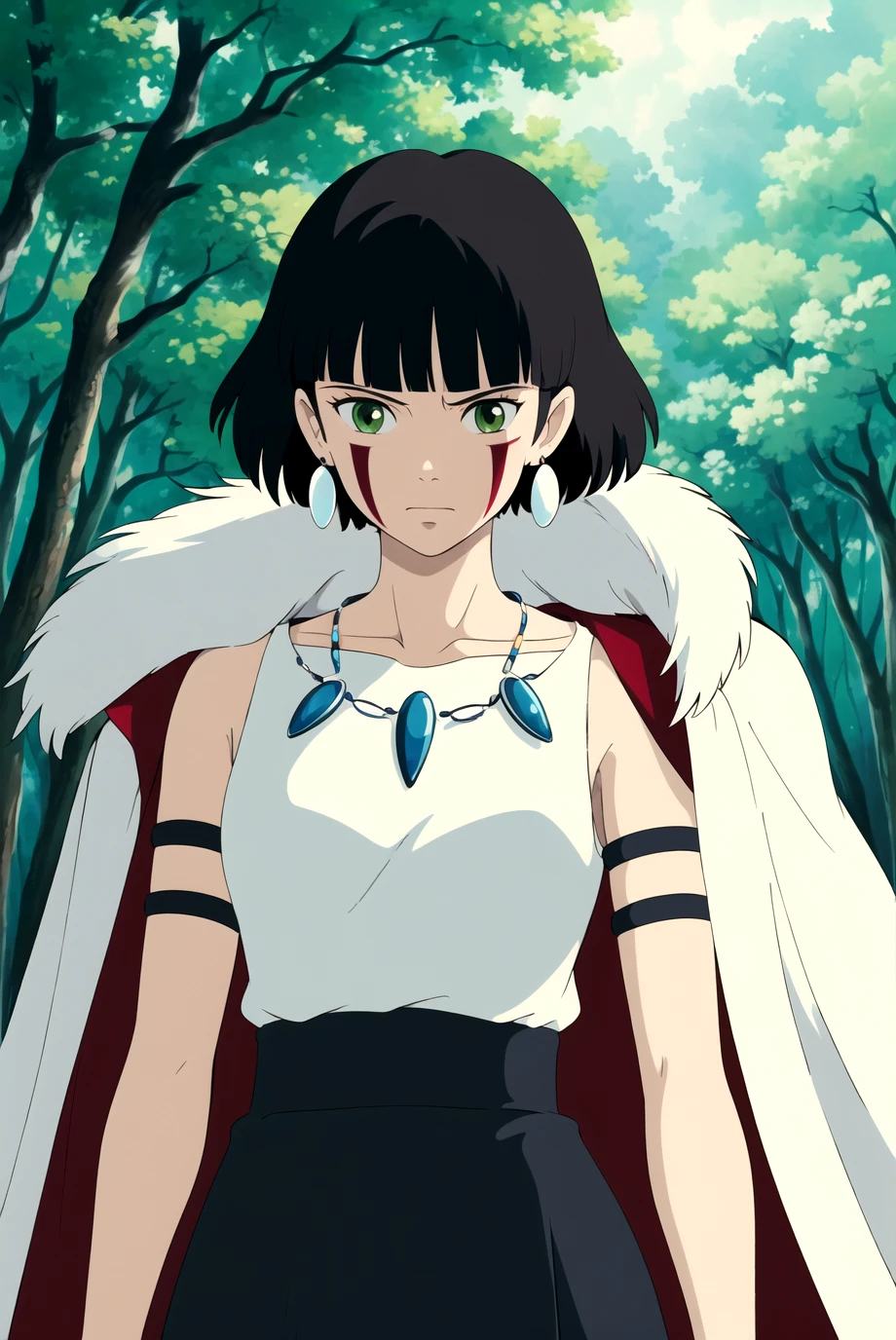 ghibli style, san \(mononoke hime\),
1girl, armlet, bangs, black hair, black undershirt, breasts, cape, circlet, earrings, facepaint, floating hair, forest, fur cape, green eyes, jewelry, looking at viewer, medium breasts, nature, necklace, outdoors, parted bangs, shirt, short hair, sleeveless, sleeveless shirt, solo, tooth necklace, tree, upper body, white shirt
, ((masterpiece))
<lora:ghibli_style_offset:1>