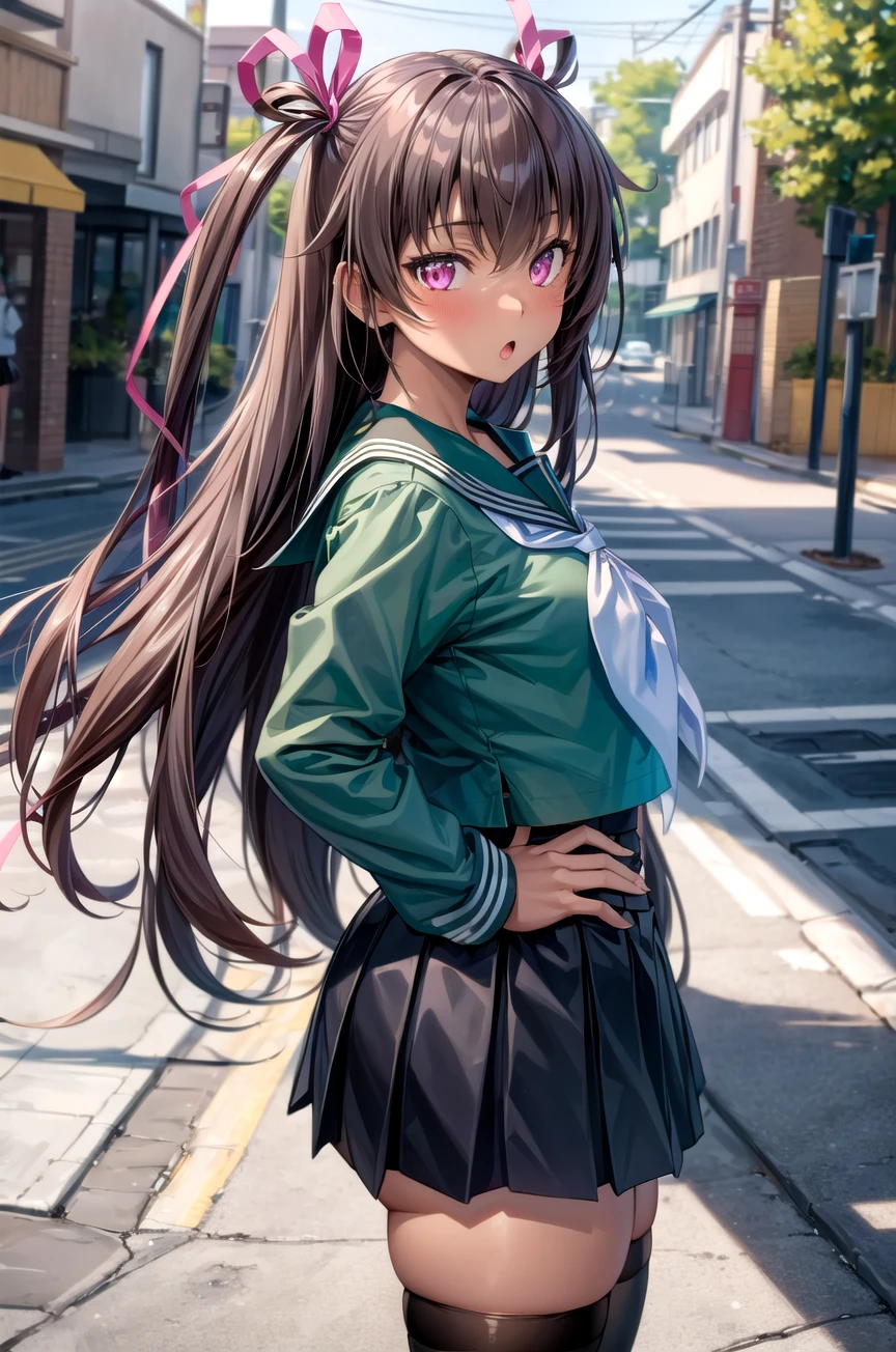 (masterpiece,best quality, detailed), 1girl, solo, outdoors, day, street, hand on hip, :o, from side, looking at viewer,
mizuki yukikaze, hair ribbon, school uniform, green shirt, serafuku, pleated skirt, black skirt, black thighhighs, (white neckerchief), long sleeves, <lora:MizukiYukikazeV1_1:1>,  <lora:more_details:0.3>