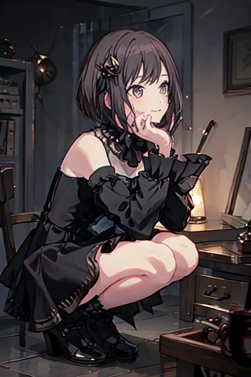 <lora:EnaOfficial-10:0.8>,highres , best quality, masterpiece, ena, 1girl, solo, smile, short hair, black hair, hair ornament, long sleeves, dress, bow, bare shoulders, jewelry, closed mouth, frills, detached sleeves, sleeveless, socks, blurry, black dress, black bow, sleeveless dress, looking down, short dress, squatting, head rest, blurry foreground, black sleeves