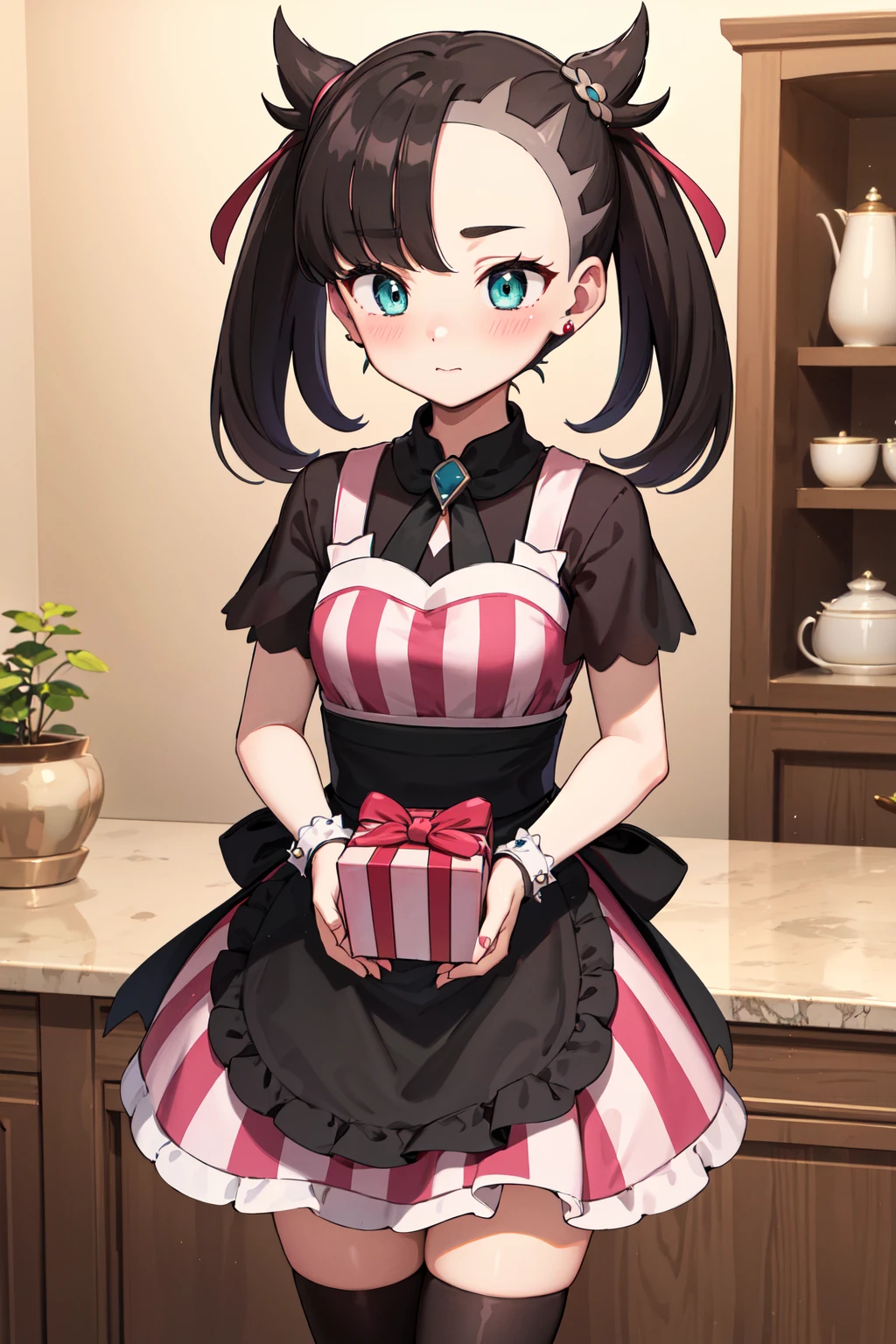 masterpiece, best quality, highres, hmmarnie, aqua eyes, hair ornament, earrings, jewelry, vertical-striped dress, black apron, short sleeves, wrist cuffs, black thighhighs, <lora:marnie_v1:0.7>, holding gift, blush, indoors, standing, own hands together, embarrassed,