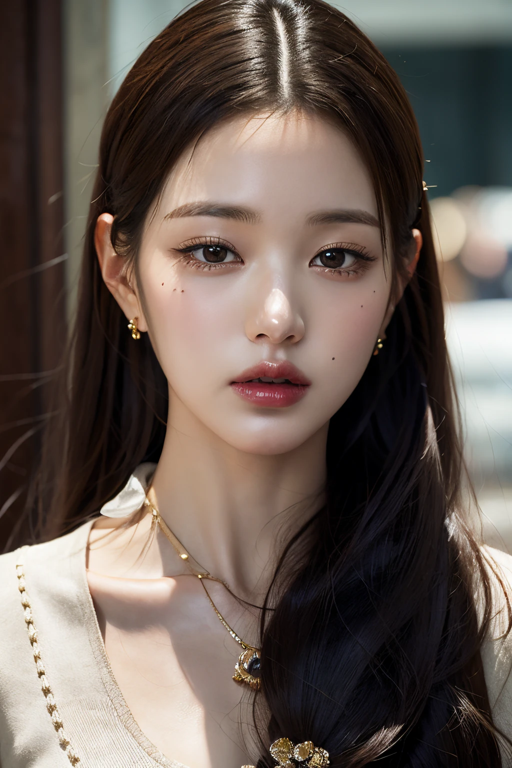 Best quality, masterpiece, ultra high res, (photorealistic:1.4), raw photo, 1girl, earrings, jewelry, 1girl, black hair, looking at viewer, cafe,realistic