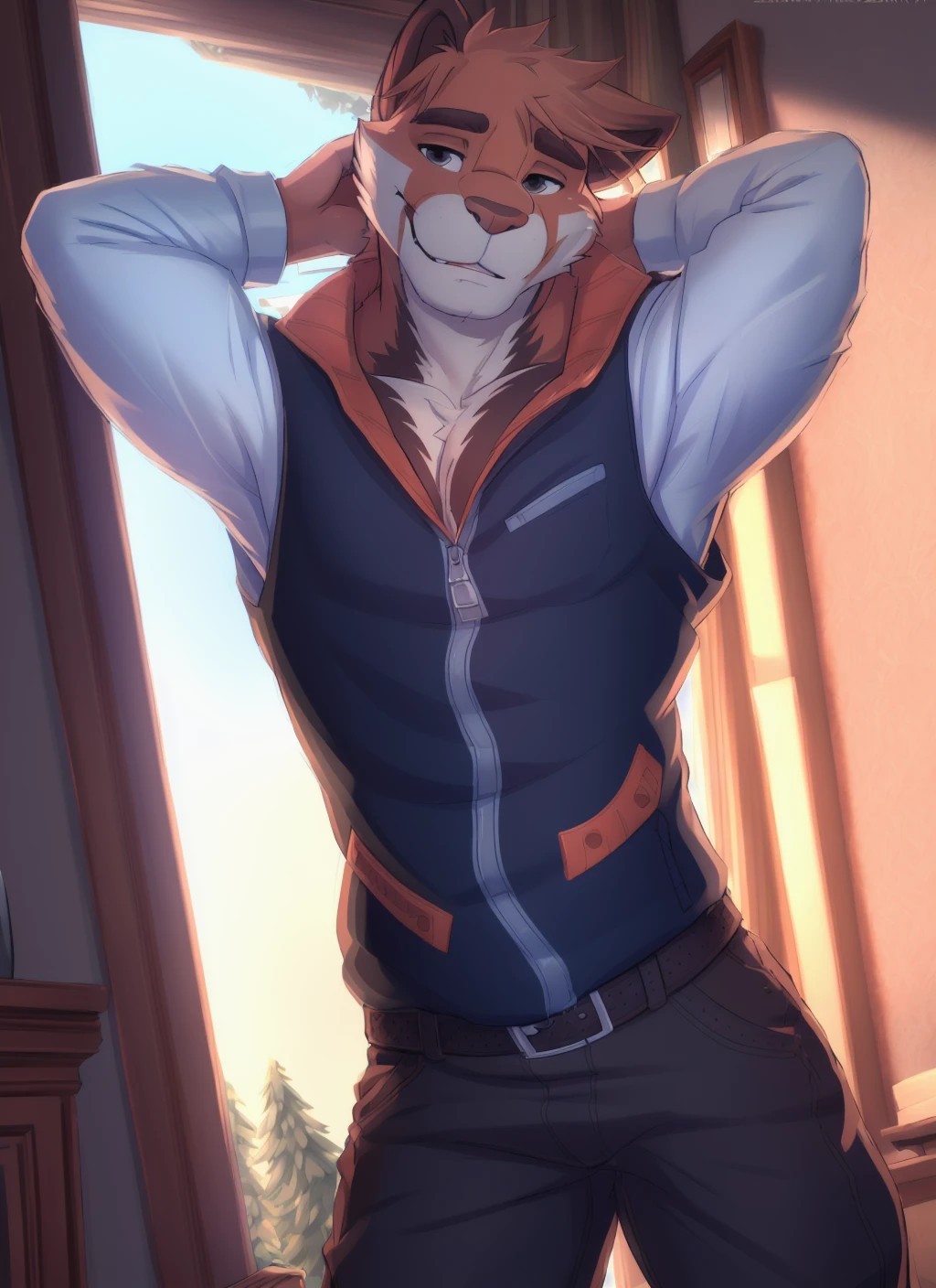 <lora:owen-07:1>, owen lorelei, solo, (soft shading), 4k, hi res, detailed face, detailed eyes, detailed, (full body), by zackarry911, by zaush, (by personalami:0.5), zootopia style, muscular, muscular male, bara, jacket, male focus, pants, looking at viewer, arm behind head,