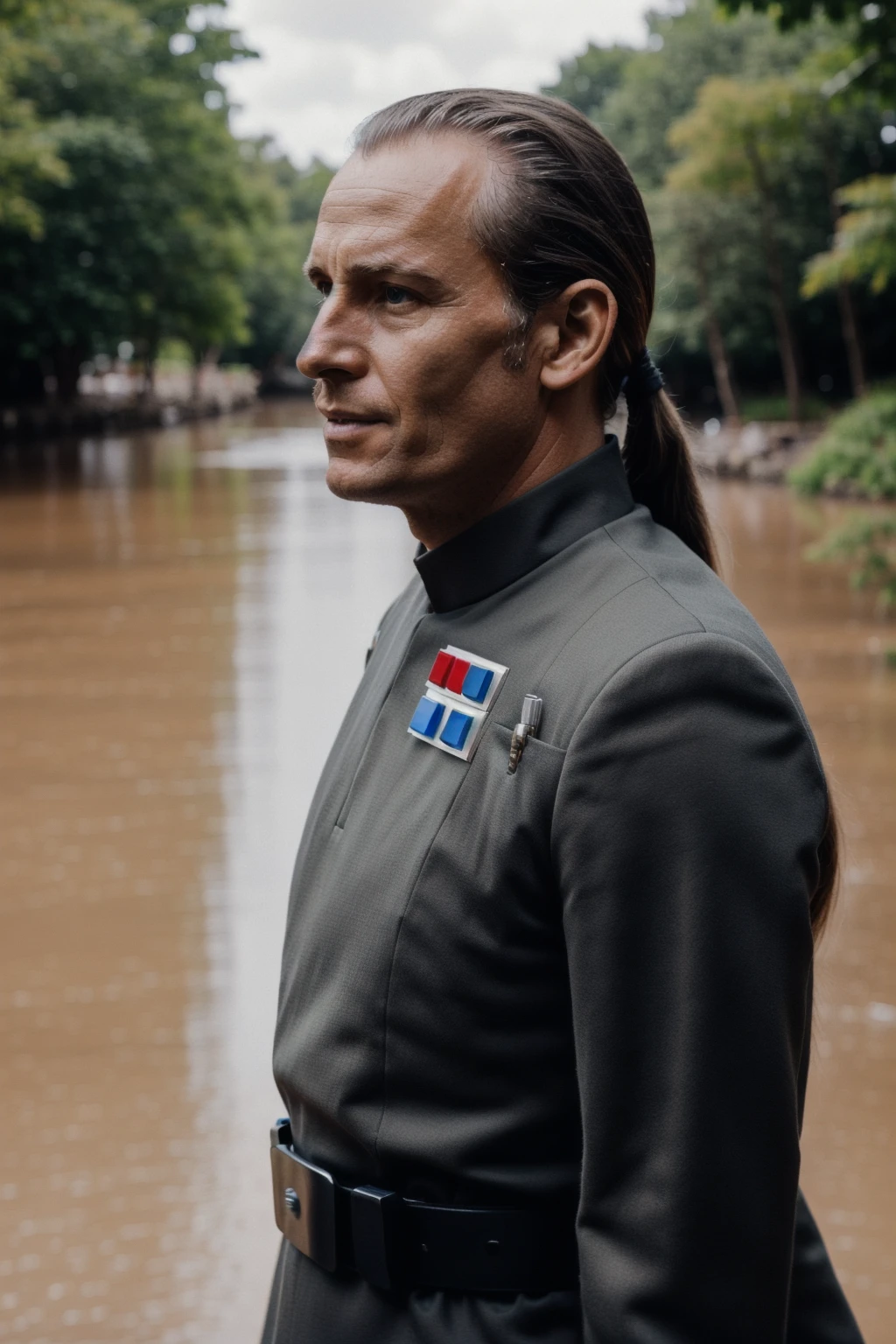 man with a ponytail in imperialofficer uniform ,on a rock near a river, 8k uhd, dslr, soft lighting, high quality, film grain,masterpiece quality,Fujifilm <lora:ImpofficerV2:0.7>