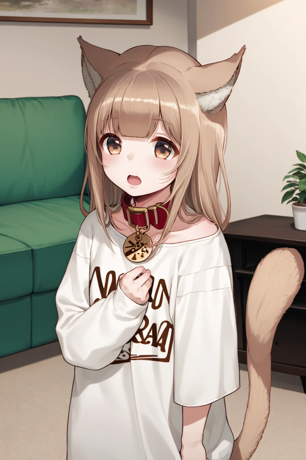 <lyco:40hara_v1-000021:1> 40hara, cat girl, brown hair, cat ears, cat tail, oversized clothes, oversized shirt, white print shirt, animal collar, red collar, green eyes,
(masterpiece, best quality),
cute face, kawaii, cute, small face,
sitting,
:o, expressionless,
from above,
veranda,
1girl, solo,
looking at viewer,