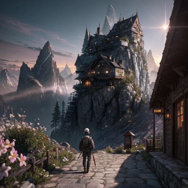 cinematic, (detailed), unparalleled magical energy, (very detailed CG unity 8k wallpaper), Photorealistic, color, (bloom:0.5), surreal photo, trees, AMONG US, straight on, alpine mountain, helmet, realistic lighting, (soft light), isometric render of the kitchen interior of a scary village house at dusk game art, (8k:1.1), sunset, palm trees, Antonio Moro, mountains, artstation, muted colors, building, art by greg rutkowski and artgerm, (wrinkled face), film grain, illustration, (((dark bloody clothing))), physically-based rendering, insane details, art by artgerm, skin tight white bodysuit, spring, (masterpiece, digital painting:1.1, wide_landscape)