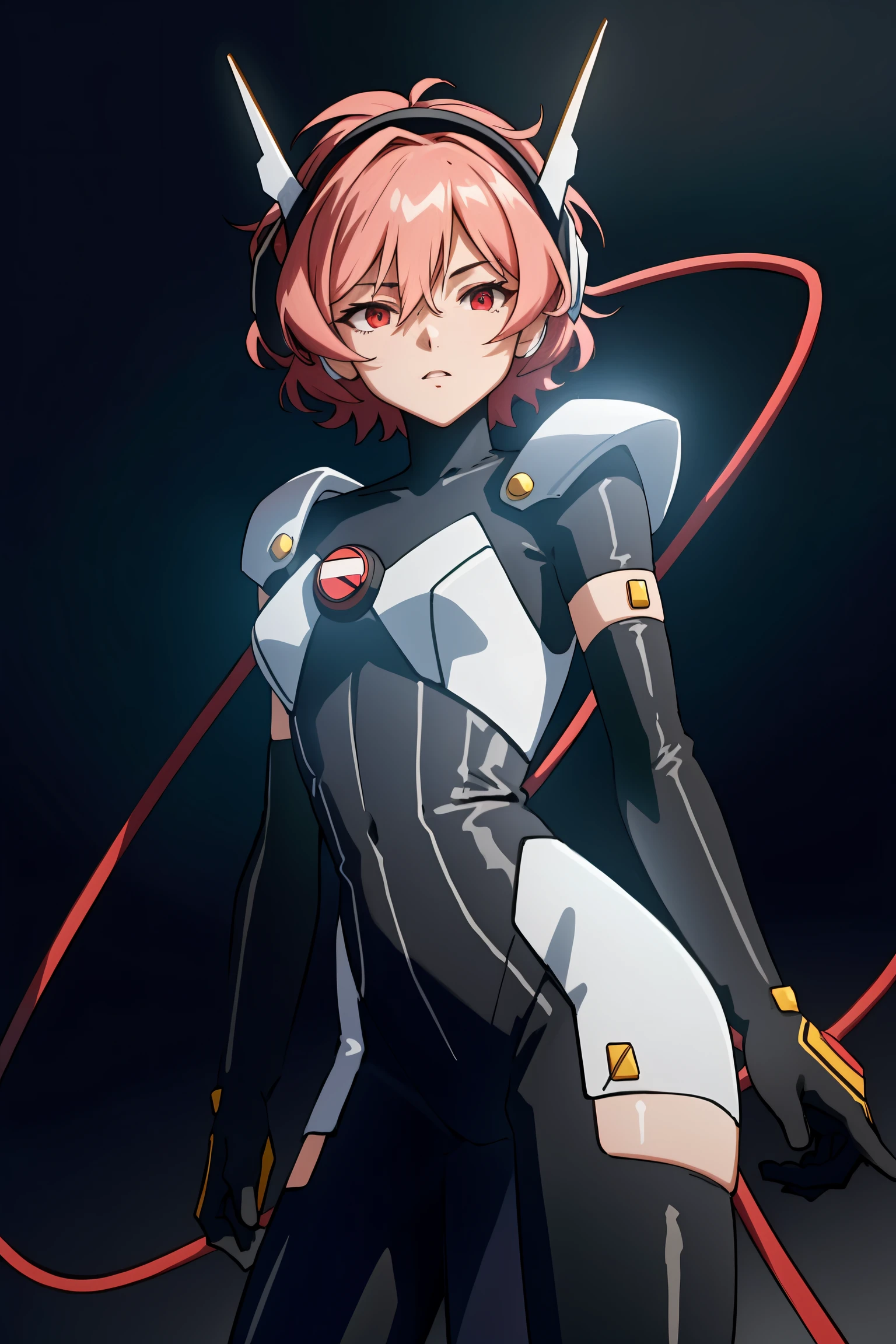 (masterpiece, best quality), absurdres, ultra-detailed, cowboy shot, 8k, <lora:Angelic_Layer-03:0.75>, hikaru1, layersuit, red eyes, looking at viewer, highly detailed, volumetric lighting, bloom, black background, (dark theme, dark room)