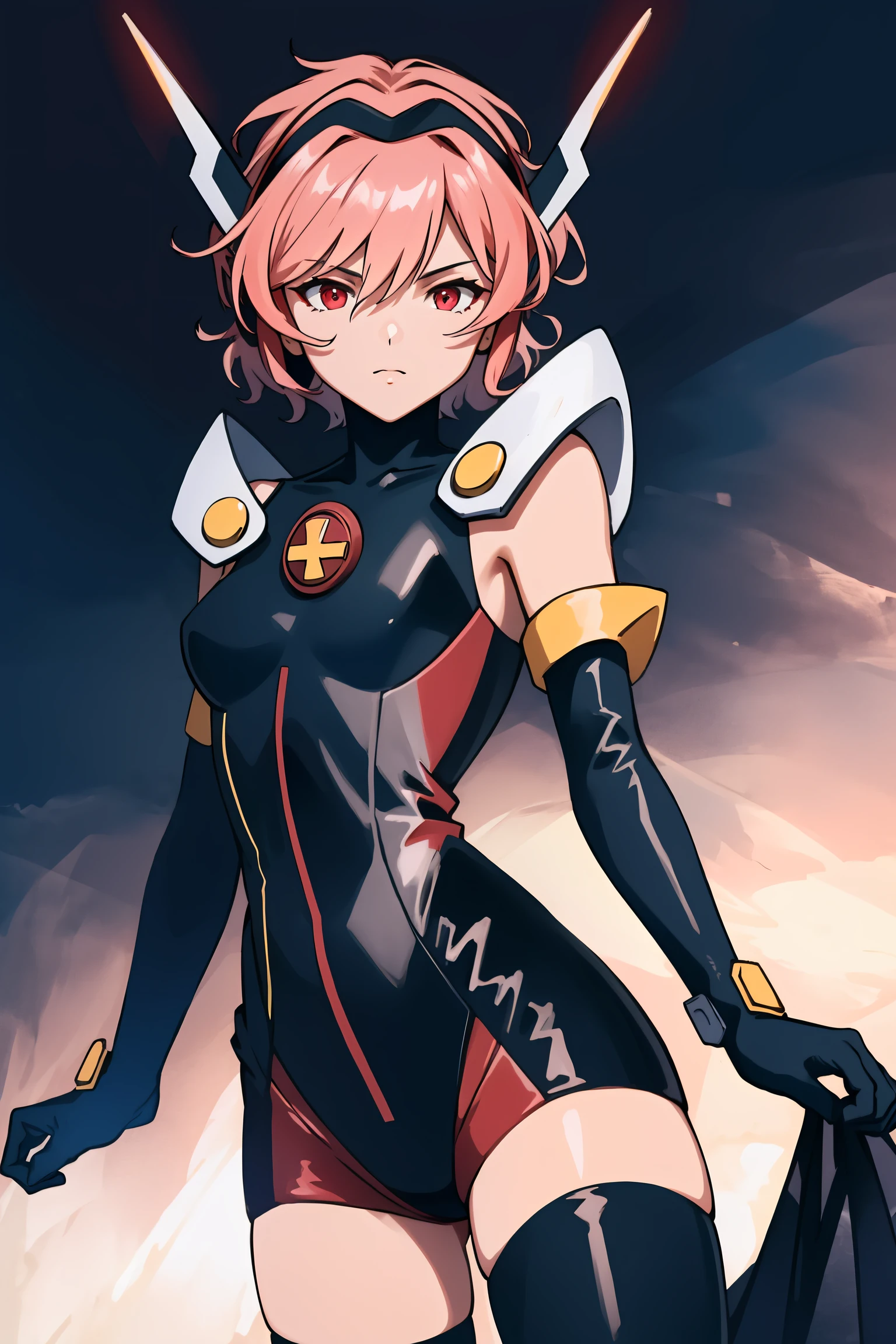 (masterpiece, best quality), absurdres, ultra-detailed, cowboy shot, 8k, <lora:Angelic_Layer-03:0.75>, hikaru1, layersuit, red eyes, looking at viewer, highly detailed, volumetric lighting, bloom, black background, (dark theme, dark room)