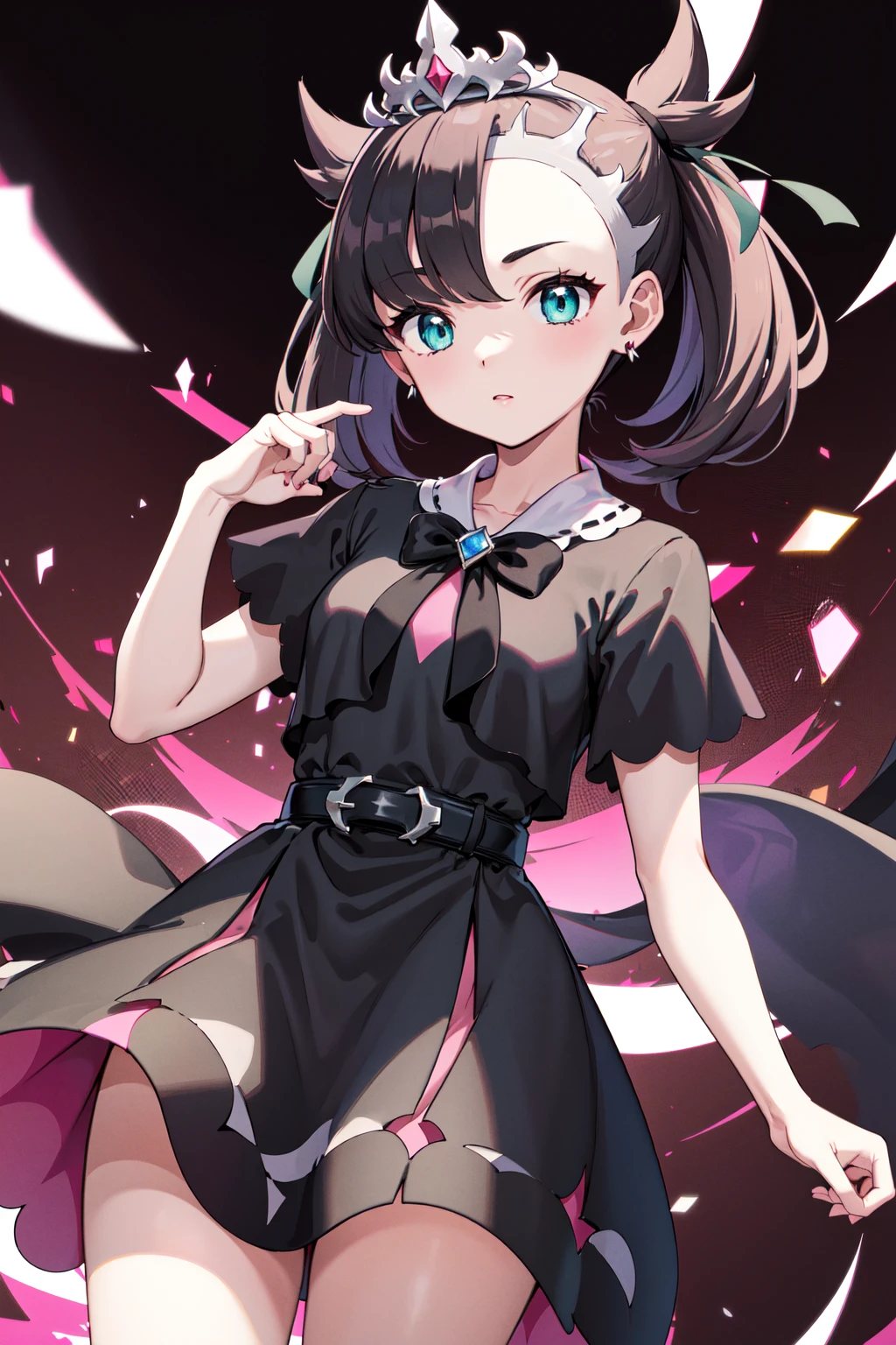 masterpiece, best quality, highres, hmmarnie, aqua eyes, black ribbon, tiara, earrings, jewelry, belt, black dress, pink dress, short sleeves, bow, <lora:marnie_v1:0.7>, standing, cowboy shot,