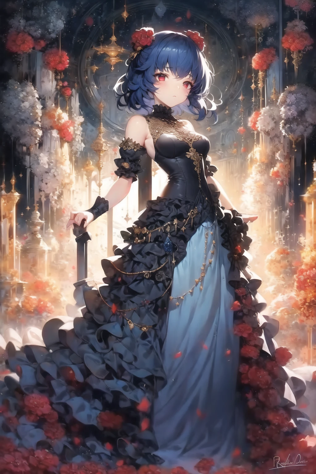 masterpiece, best quality, 1girl, frilled dress, red eyes, blue hair, dreamwave <lora:Dreamwave sd11 lite10_69550:1>