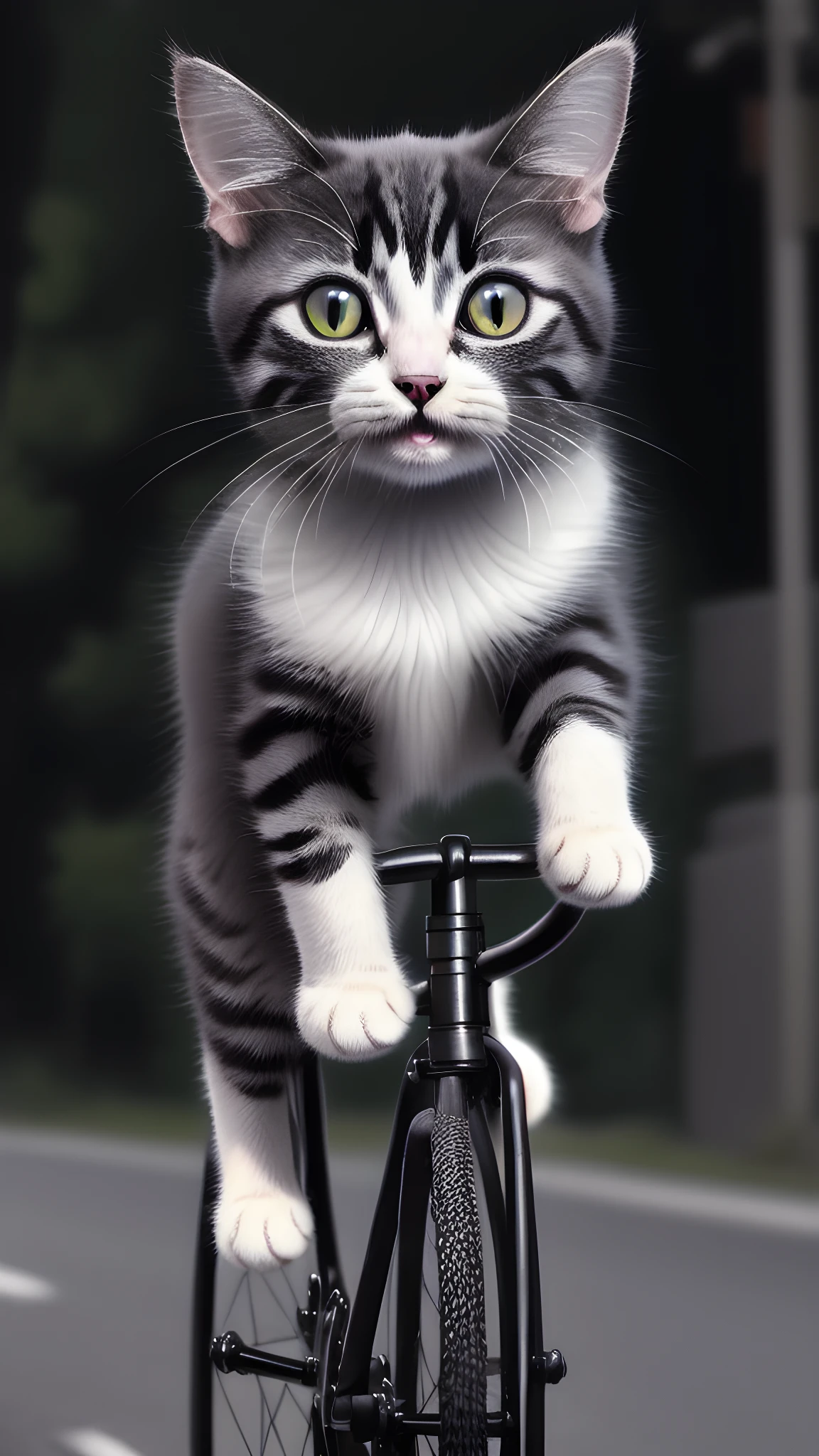 photo of cute cat, macro, close-up of cute cat riding bicycle on road, evening, photorealistic, hyperrealism, hyper realistic color photo, realistic photography ((hnsrdlf style)), dark atmosphere, gothic art, realistic blood, RTX graphic, HDR, ultra detailed, ultra realistic shadows, ultra quality, realistic photography