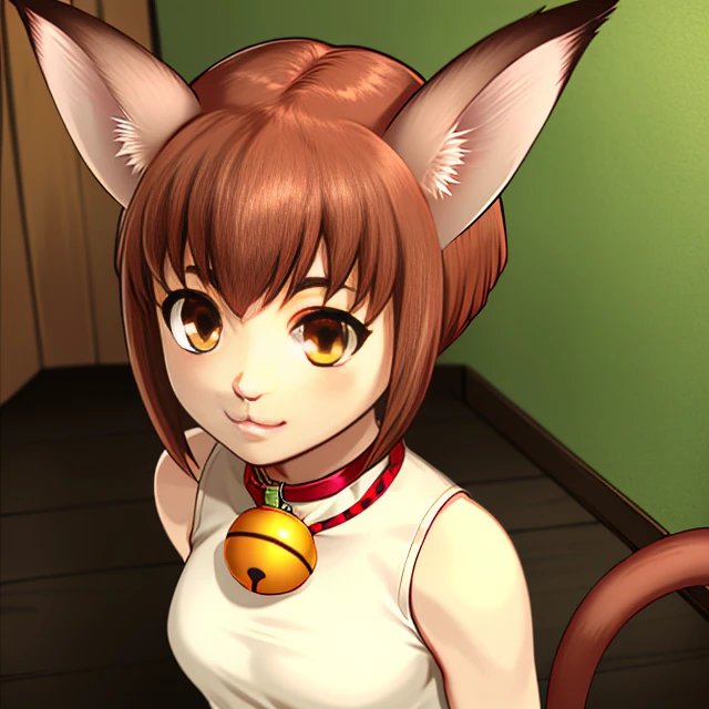 Xiao, long animal ears, short brown hair, ((cat tail above buttocks)), brown eyes, long nails, close up, :3, standing, arms behind back, upper body, solo,
Xattire , white sleeveless dress with pattern, black bike shorts, neck bell, fur footwear, fur fingerless gloves, standing
small house, green walls, wood floor,
(insanely detailed, beautiful detailed face, masterpiece, beautiful detailed eyes, best quality) <lora:Xiao-10V2:1>