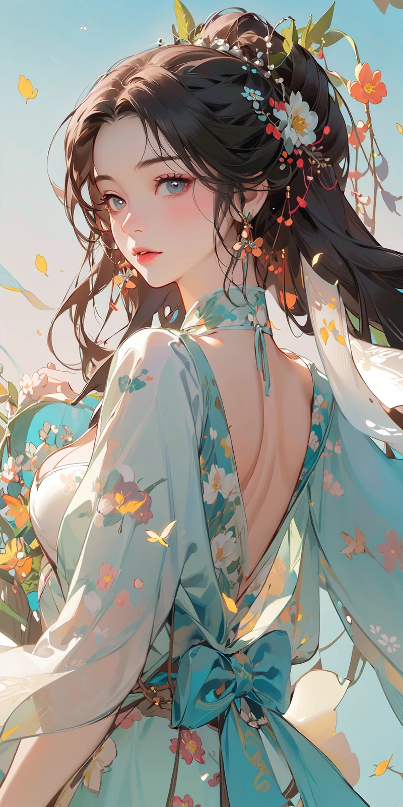 nsfw,(Masterpiece:1.2, high quality), (pixiv:1.4),cowboy shot,
Eyebrows like willow leaves, ,The face is as beautiful as a flower, the eyes are tender. Small waist, big breasts, revealing cleavage; Lips slightly open, seductive expression.
<lora:Chinese style_20230608163116-000018:0.8>