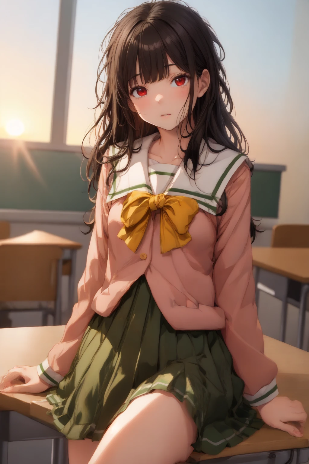 absurdres, highres, ultra detailed, indoors, cowboy shot, looking through legs, madeon,
<lora:pnkserafuku:1>pnkserafuku, yellow bow, 1girl, black hair, long hair, blunt bangs, red eyes, pale skin, disgust, long sleeves, indoors, classroom, sunset, raytracing, 8k, looking at viewer,
<lyco:envybetterhandsLocon_beta2:1>perfect hands,
<lora:fineline-v2:1> <lora:DoF2:1> <lora:flat2:-0.5> <lora:flatBG:1>