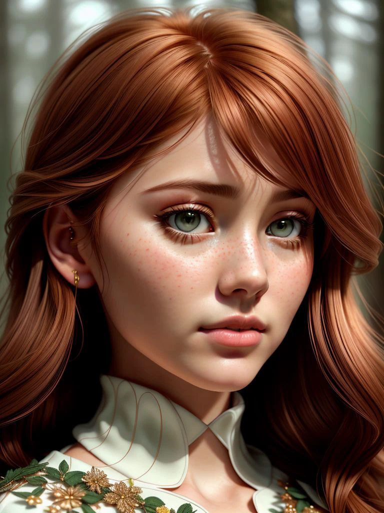 close up of a european woman, ginger hair, winter forest, natural skin texture, 24mm, 4k textures, soft cinematic light, RAW photo, photorealism, photorealistic, intricate, elegant, highly detailed, sharp focus, ((((cinematic look)))), soothing tones, insane details, intricate details, hyperdetailed, low contrast, soft cinematic light, dim colors, exposure blend, hdr, faded