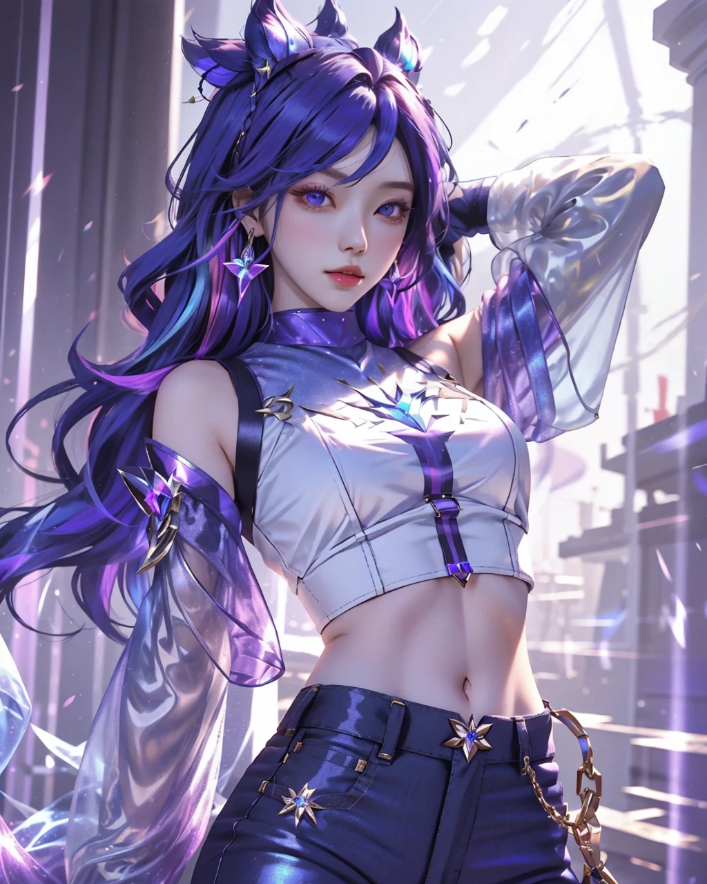 best quality, 1girl, solo, long hair, looking at viewer, multicolored hair, earrings, detached sleeves, midriff, pants, k/da \(league of legends\)